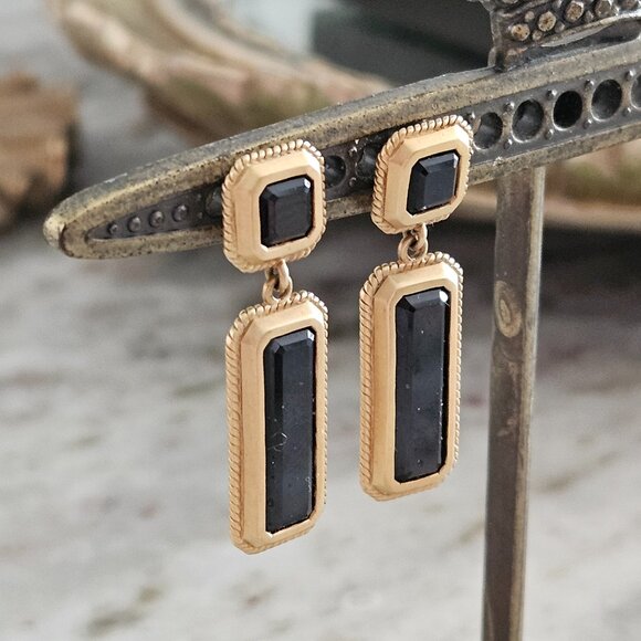 RARE DESIGNER MONICA RICH KOSANN 18K GOLD ONYX OCTAGON OBLONG PIERCED EARRINGS - Picture 4 of 13